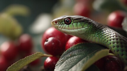 Obraz premium Green snake amidst red berries