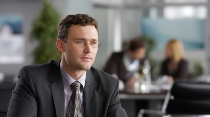 Fototapeta premium A happy businessman listens intently in a formal setting, embodying professionalism and focused engagement. 