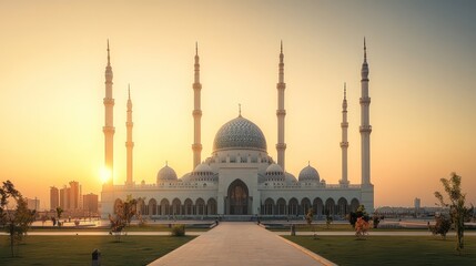 Naklejka premium Majestic mosque at sunrise, featuring a grand, white, modern architectural design with intricate details and minarets. 