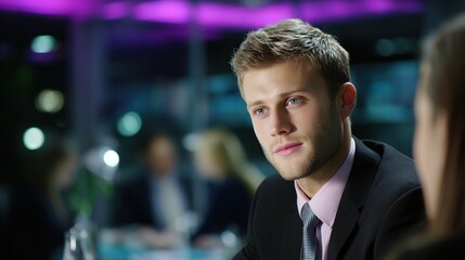 Fototapeta premium A happy businessman listens intently in a formal setting, embodying professionalism and focused engagement. 