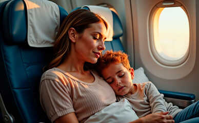 Mother and son sleeping peacefully during safe flight, sunlight coming through window, flight safety concept