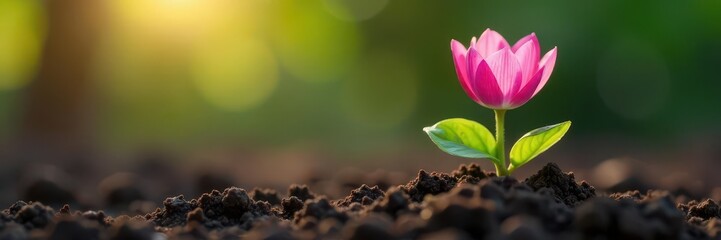 Fototapeta premium Delicate pink flower stem emerges from rich soil , plant, sprout