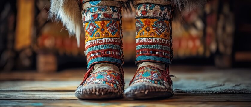 Ethnic beaded mukluks displaying intricate designs, showcasing cultural craftsmanship on wooden floor.