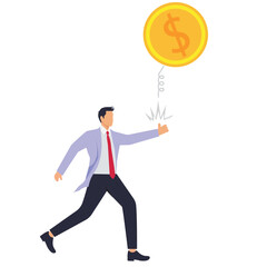 A businessman tosses a large coin. Illustration for financial freedom, abundant wealth and riches