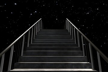 Fototapeta premium Dark stairs leading into a starry night sky. A pathway to the cosmos, with metal railings