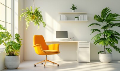 Bright and modern home office with orange chair and indoor plants