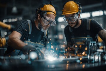Two male welders collaborate on a project, sparks flying in a metal workshop.