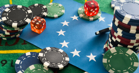 Casino background. Roulette table Chips. Casino theme. High contrast image of casino roulette, poker game, dice game, poker chips on a gaming table. flag of the European Union