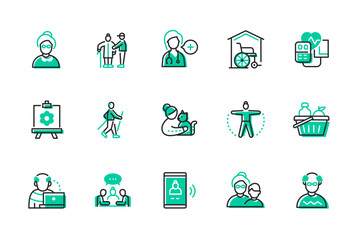 Happy aging and care - set of line design style icons