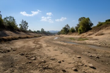 Small stream of water flowing through a mostly dried up riverbed, showing the effects of industrial overuse of water