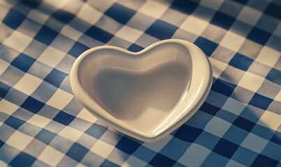 Obraz premium Heart-shaped ceramic dish on blue and white checkered tablecloth