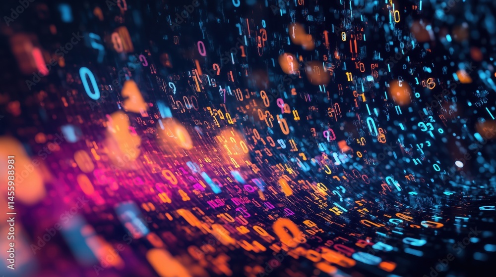 Poster colorful abstract digital data stream with glowing numbers and particles in motion