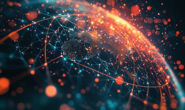 Digital globe with interconnected nodes and vibrant glowing particles representing data flow