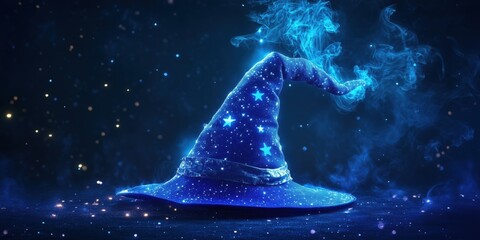 Magical blue wizard hat with stars and glowing smoke effects in dark background