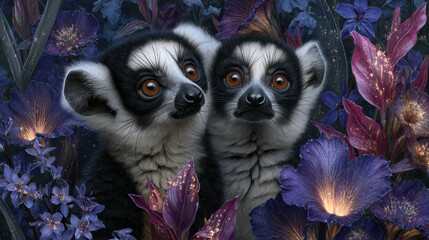 Fototapeta premium Mischievous lemurs explore a fantastical rainforest filled with glowing flowers and magical mist