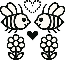 Two Cartoon Bees Face Each Other With Flowers And Hearts In A Cute Minimalist Line Drawing Style
