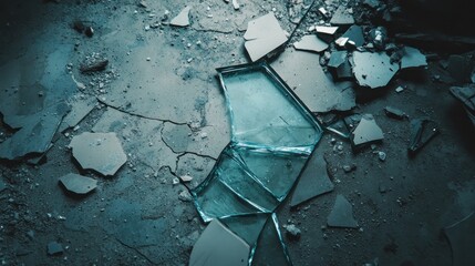 Shattered glass shards on dark floor