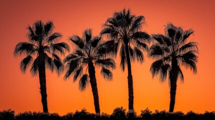Obraz premium Palm Trees Gently Swaying Against a Vibrant Orange Sunset Sky