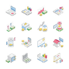 Get this trendy collection showing business and finance isometric icons