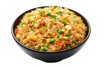 Fried rice with peas, scrambled eggs, red bell peppers, and beef pieces in ceramic bowl isolated on white transparent background, concept of Asian cuisine