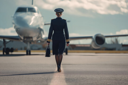 Confident female pilot in uniform walking on the runway towards a private jet, carrying a briefcase, ready for take off