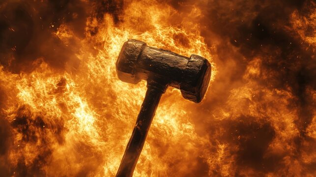 Flaming hammer surrounded by intense fire and smoke creating dramatic visual impact