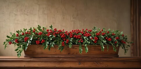 Naklejka premium A vibrant holly sprig with bright red berries nestled in a rustic wooden mantlepiece , holiday, holly, detail