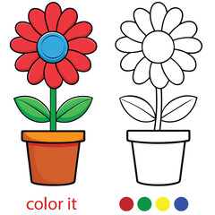 Cute Flower in Pot Coloring Page for Kids | Simple Floral Outline Illustration for Children’s Activity, Printable Spring Flower Pot Art for Coloring Book or Worksheet. Adobe Illustrator Artwork