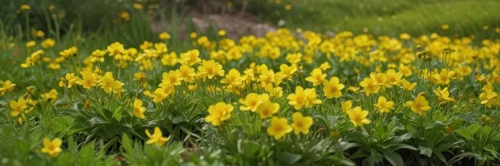 Obraz premium Bright yellow primroses blooming in spring meadow , field, growth, macro