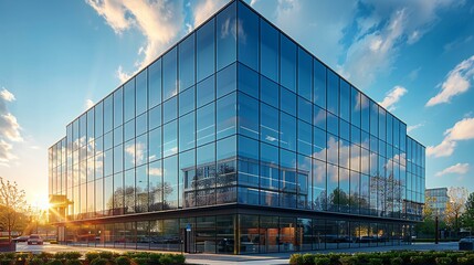 Modern office building with glass facades reflecting the sun, symbolizing innovation and technology.