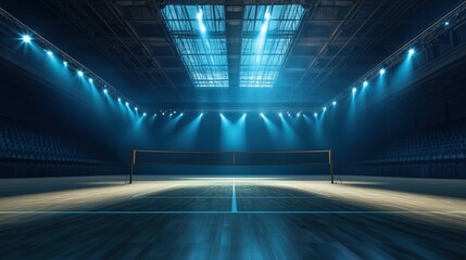 Fototapeta premium Illuminated indoor badminton court with dramatic lighting and empty seating
