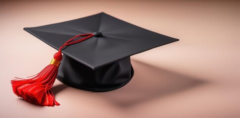 Classic black graduation cap; vibrant red tassel sharply in focus, fabric, celebration