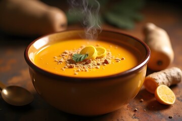 Warm and delicious butternut squash soup in a bowl garnished with lemon and herbs