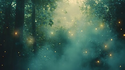 Enchanted forest scene with glowing fireflies.