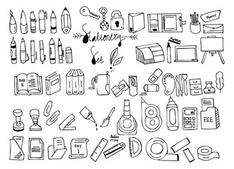 Doodle Collection of Stationery Items Including Scissors, Notebooks, Pencils, and Various Office Supplies for Creative and Educational Purposes