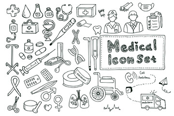 Detailed Medical Doodle Collection Featuring Health Symbols Icons Tools and Equipment for Healthcare and Clinical Use in a Creative Set Design