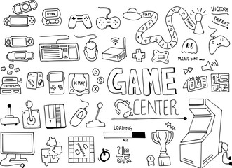 Colorful Game Doodle Collection Featuring Retro Arcade Symbols, Icons and Playful Graphics for Creative and Entertaining Digital Design