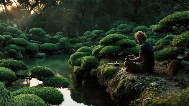 Man meditating in lush garden