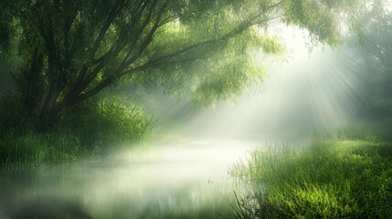 A serene forest scene with a calm river and lush greenery.