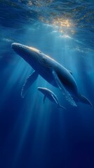 Naklejka premium Underwater scene of humpback whale and calf swimming in blue ocean