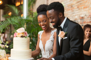 Bride and groom laughing while cutting wedding cake at their indoor tropical themed reception