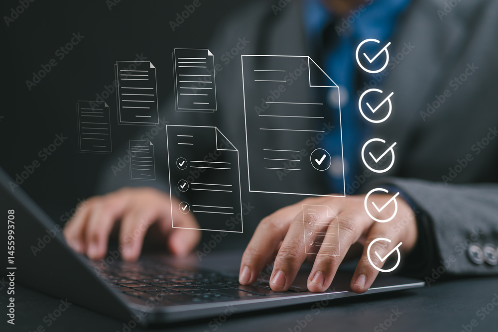 Aufkleber business performance monitoring and evaluation concept, take an assessment, businessman using laptop