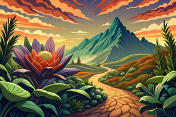 mountain landscape with colorful flowers, lush foliage, and scenic path inviting outdoor adventure and exploration vector. Ideal for hiking, travel, nature beauty, and wilderness themes