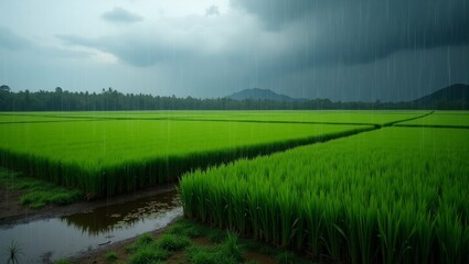 Obraz premium Rainy Season Over Green Rice Paddies with Mountain Background
