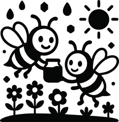 Delightful Black And White Illustration Of Two Happy Bees Sharing A Honey Jar In A Floral Garden