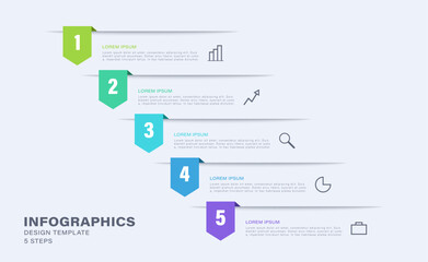 Vertical infographic template with business icons. Five steps or options, timeline, business plan