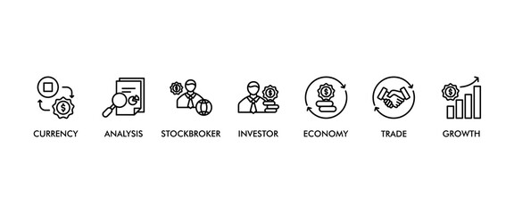 Forex banner web icon vector illustration concept with icon of currency, economy, trade, investor, growth, analysis and stockbroker