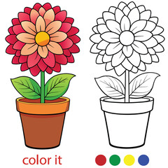 Cute Flower in Pot Coloring Page for Kids | Simple Floral Outline Illustration for Children’s Activity, Printable Spring Flower Pot Art for Coloring Book or Worksheet. Adobe Illustrator Artwork