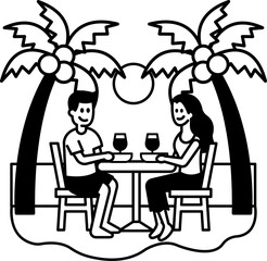 black and white illustration of a couple having dinner by the sea