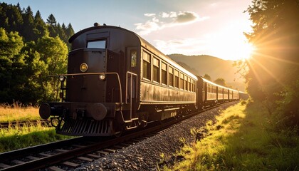 Obraz premium Vintage Train Journey Through Scenic Landscape at Sunset Golden Hour